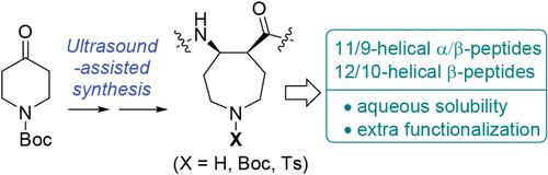 Conformational Analysis of Helical Peptides Incorporating Azepane-Based β-Amino Acids Prepared by an Ultrasound-Assisted Method