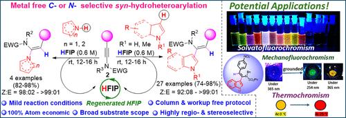 Solvent-Mediated C- or N-Center Selective Syn-Hydroheteroarylation of Ynamides with N-Heteroaromatics: Access to a Solvatofluorochromic, Mechanofluorochromic, and Thermochromic Material