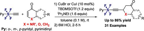 Cu-Catalyzed SF4-Alkynylation of Quinolones, Chromones and Cyclohexenones