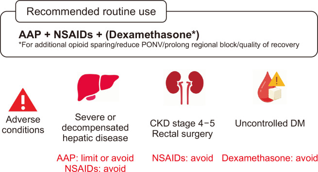 Balancing benefit and risk: clinical considerations in the use of acetaminophen, non-steroidal anti-inflammatory drugs, and dexamethasone for perioperative multimodal analgesia.