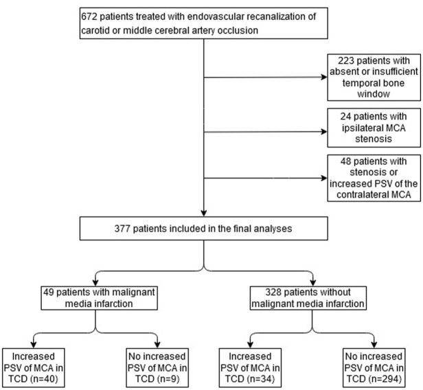 Increased middle cerebral artery velocity predicts malignant media infarction after endovascular stroke thrombectomy.
