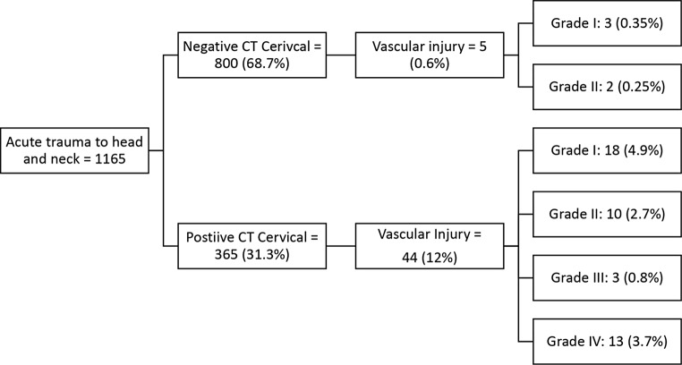 The incidence of vascular injuries in patients with negative cervical computed tomography (CT) following blunt trauma.