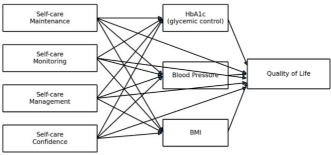 The relationship among self-care, glycemic control, and quality of life in Indonesian patients with type 2 diabetes mellitus: An exploratory structural equation modeling study.