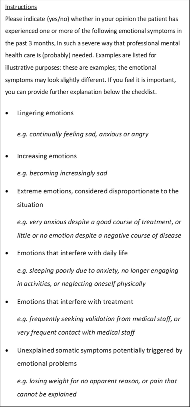 Indicators of maladaptive emotions in patients with cancer as assessed by oncologists and nurses.