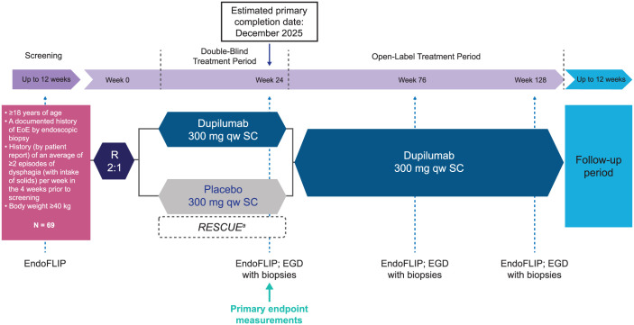 Study design of the phase IV, randomized, placebo-controlled REMOdeling with Dupilumab in Eosinophilic esophagitis Long-term (REMODEL) trial.