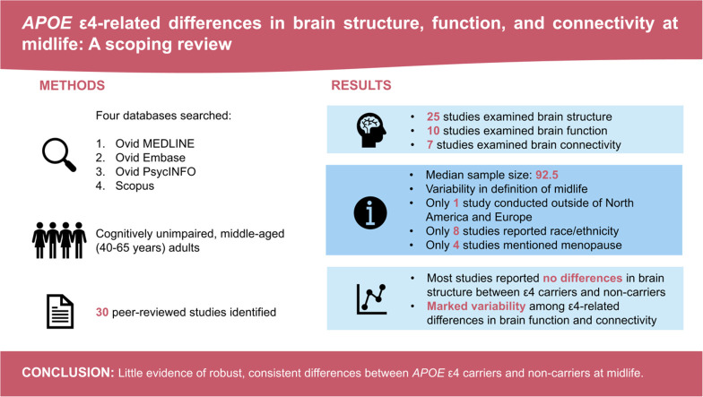 APOE ε4-related differences in brain structure, function, and connectivity at midlife: A scoping review.