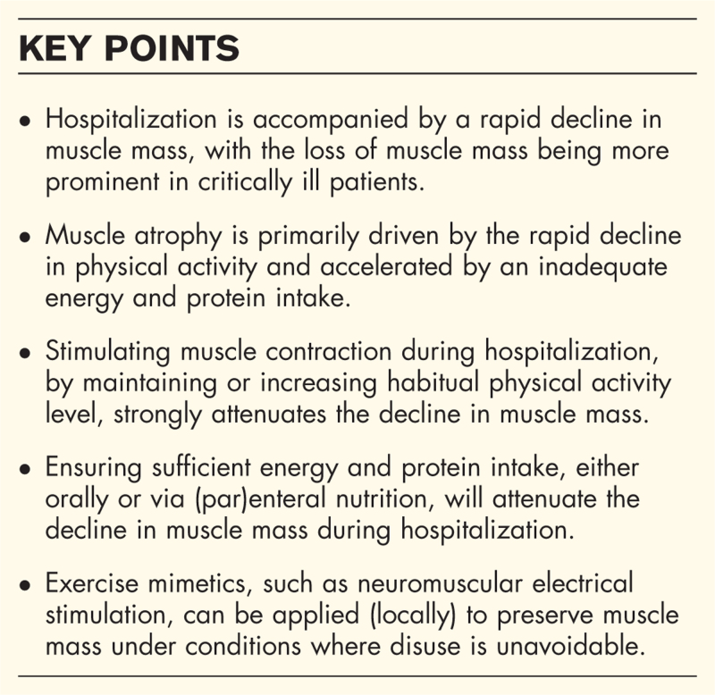Muscle preservation during hospitalization: energy balance, protein intake, and habitual physical activity.