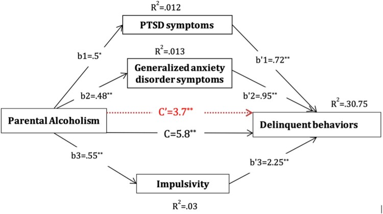Associations between parental alcoholism and delinquent behaviours among youth: exploring serial and parallel mediation by posttraumatic stress disorder symptoms, anxiety symptoms and impulsivity.
