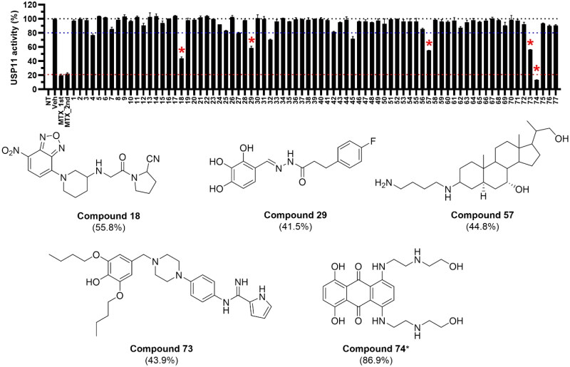 Identification of chemical scaffolds for targeting ubiquitin-specific protease 11 (USP11) through high-throughput virtual screening.