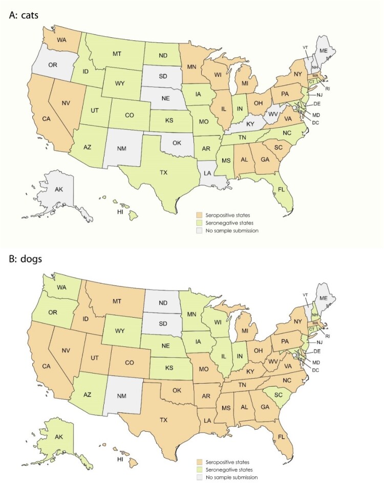 Nationwide seroprevalence of SARS-CoV-2 Delta variant and five Omicron sublineages in companion cats and dogs in the USA: insights into their role in COVID-19 epidemiology.