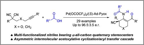 Palladium-Catalyzed Asymmetric Acetoxylative Cyclization/Acyl Transfer Cascade of Alkyne-Tethered Malononitriles with Carboxylic Acids