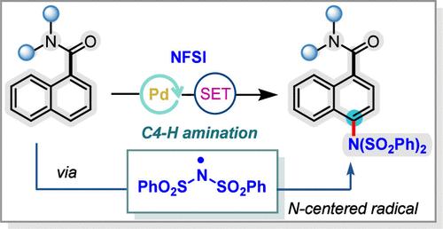 Site-Selective Remote C4 Amination of 1-Naphthamides via Palladium–Single-Electron Transfer Catalysis