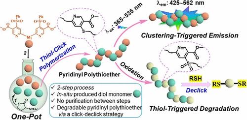 Pyridinyl Polythioether via a One-Pot Thiolactone Ring-Opening and Thiol-Phenylsulfone Click Polymerization: Synthesis, Fluorescence, and Degradation Behavior
