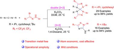 Synthesis of di/trifluoromethyl bis(1,2,4-triazoline)spiranes and 1,2,4-triazoles via 1,3-dipolar cycloaddition of nitrilimines and carbodiimides†