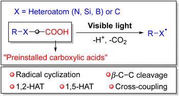 Photochemical generation of heteroatom (N, Si, B) or carbon radicals leveraging preinstalled carboxylic acids
