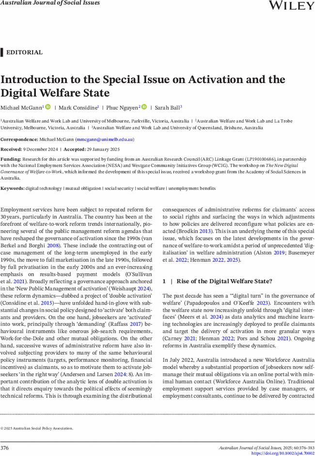 Introduction to the Special Issue on Activation and the Digital Welfare State
