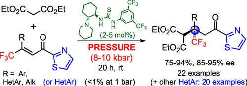 Enantioselective Organocatalytic Conjugate Addition of Malonates to β,β-Disubstituted β-Trifluoromethyl Enones under High Pressure