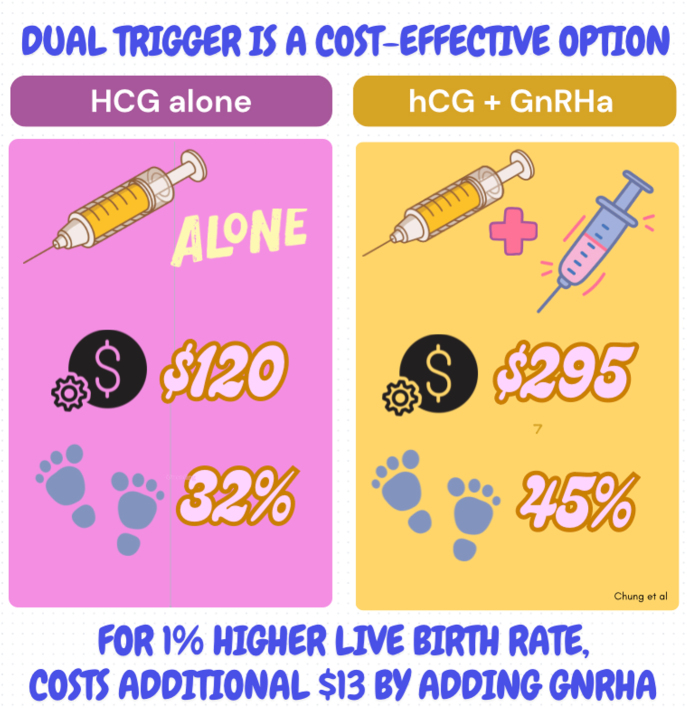 A cost analysis of hCG trigger alone versus dual trigger for achieving live birth following in vitro fertilization.