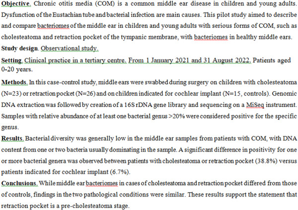Bacteriome of the Middle Ear in Children and Young Adults With Cholesteatoma and Retraction Pocket: A Pilot Study.