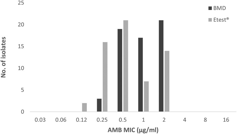 Comparison of broth microdilution and Etest® methods for susceptibility testing of amphotericin B in Candida auris.