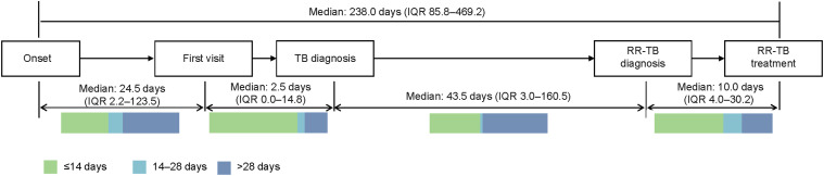 Patient pathway analysis of rifampicin-resistant TB diagnostic and treatment delays.
