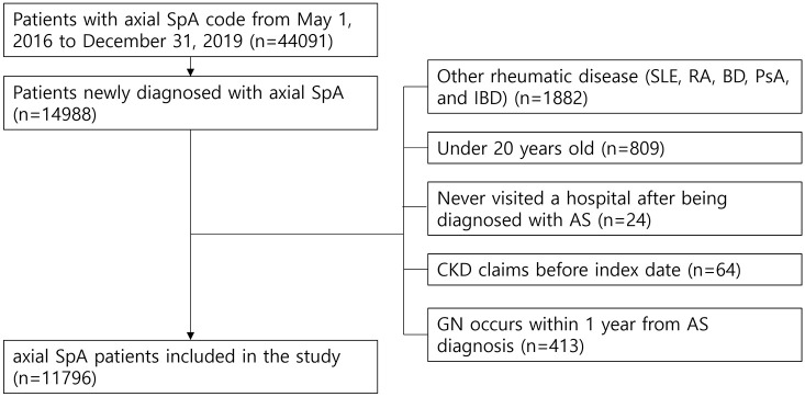 Incidence rate of and risk factors for glomerulonephritis in patients with axial spondyloarthritis: a nationwide population-based study.