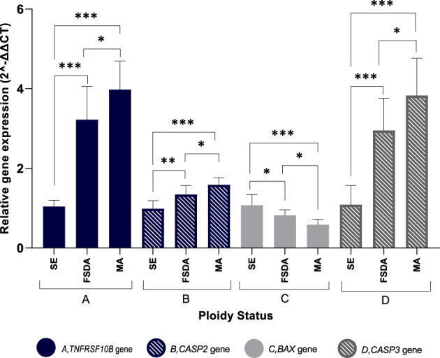 Correlation among blastocoel fluid DNA level, apoptotic genes expression and preimplantation aneuploidy.