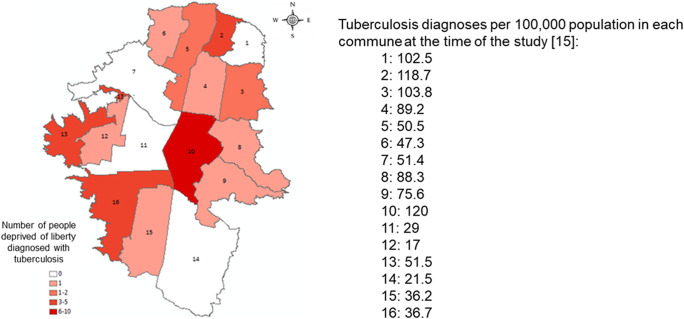 Transmission of <i>Mycobacterium tuberculosis</i> in four prisons in Colombia.