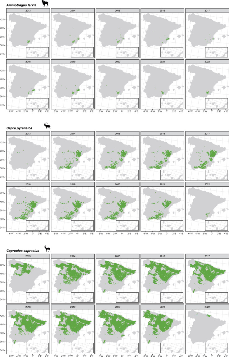 Presence-only data for wild ungulates and red fox in Spain based on hunting yields over a 10-year period.