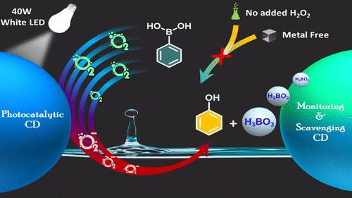 Dual Carbon Dot Ensemble: Visible-Light-Induced Photocatalysis with Reaction Monitoring and Simultaneous Byproduct Scavenging for the ipso-Hydroxylation of Aryl Boronic Acids