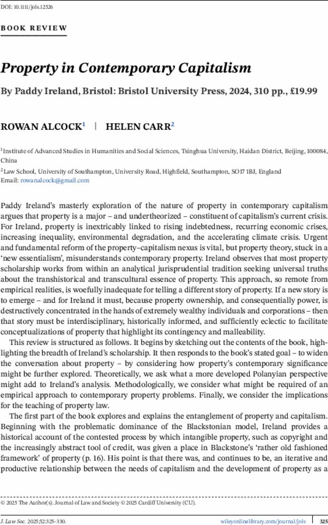 Property in Contemporary Capitalism By  Paddy Ireland, Bristol: Bristol University Press,  2024,  310 pp., £19.99