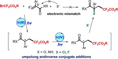 Photocatalyzed Three-Component Difluoroalkyl-Halogenation of Electron-Deficient Alkenes via a Halogen α-Nucleophilic Addition