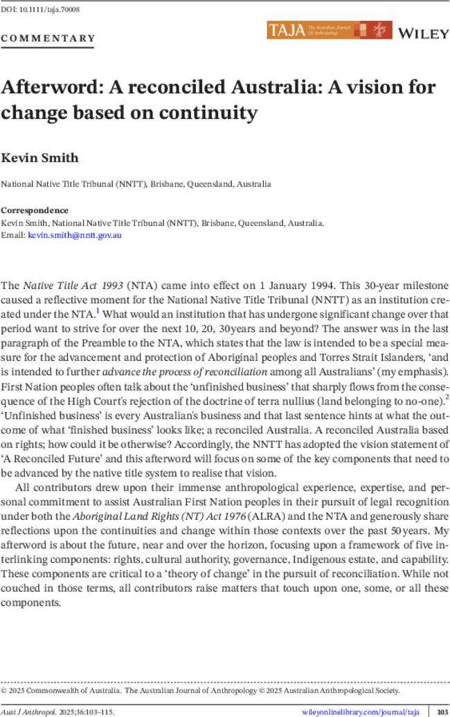 Afterword: A reconciled Australia: A vision for change based on continuity