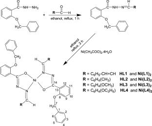 Synthesis, characterization, crystal structure, antioxidant, and cytotoxicity studies of Ni(II) complexes derived from 2-(benzyloxy)benzoylhydrazone and different aldehydes