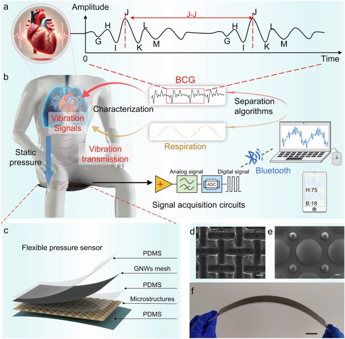Smart wireless flexible sensing system for unconstrained monitoring of ballistocardiogram and respiration