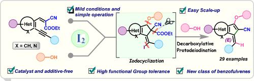 Molecular Iodine-Mediated One-Pot Sequential Iodocyclization–Decarboxylative Protodeiodination: Access to Densely Functionalized Benzofulvenes