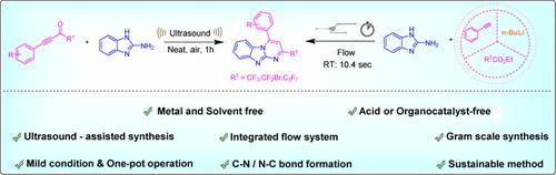 Sustainable Synthesis of Polyfluoro-Pyrimido [1,2-a] Benzimidazole Derivatives Using a Tandem Strategy─Ultrasound and an Integrated Continuous Flow System