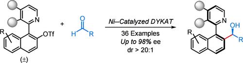 Nickel-Catalyzed Dynamic Kinetic Asymmetric Reductive Arylation of Aldehydes with Heterobiaryl Triflates