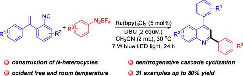 Photoredox Radical Cyclization of o-Vinylaryl Isocyanides and Aryldiazonium Tetrafluoroborates for the Synthesis of 2,4-Disubstituted Quinolines