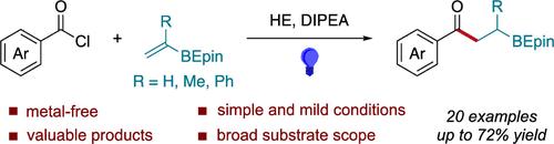 Visible-Light-Induced Radical Hydroaroylation of Vinyl Boronic Ester with Aroyl Chlorides to Access β-Boryl Ketones