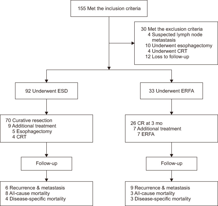 Long-term Outcomes of Endoscopic Radiofrequency Ablation versus Endoscopic Submucosal Dissection for Widespread Superficial Esophageal Squamous Cell Neoplasia.
