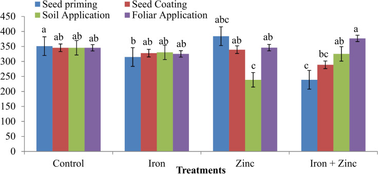 Enhancing zinc and iron biofortification in mungbean (Vigna radiata L.) through various application method.