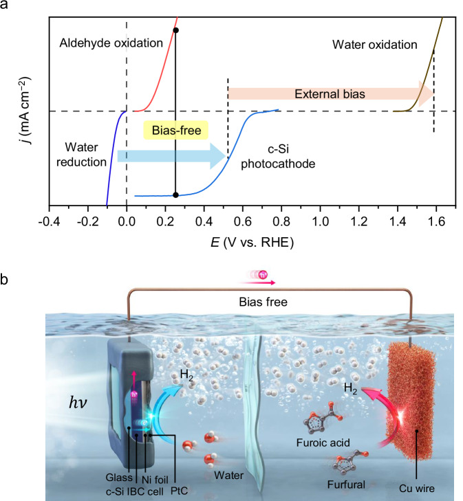 Coupling furfural oxidation for bias-free hydrogen production using crystalline silicon photoelectrodes.