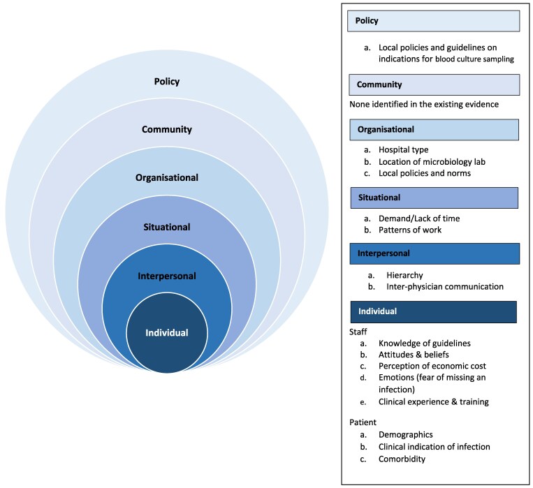 Factors associated with blood culture sampling for adult acute care hospital patients with suspected severe infection: a scoping review using a socioecological framework.