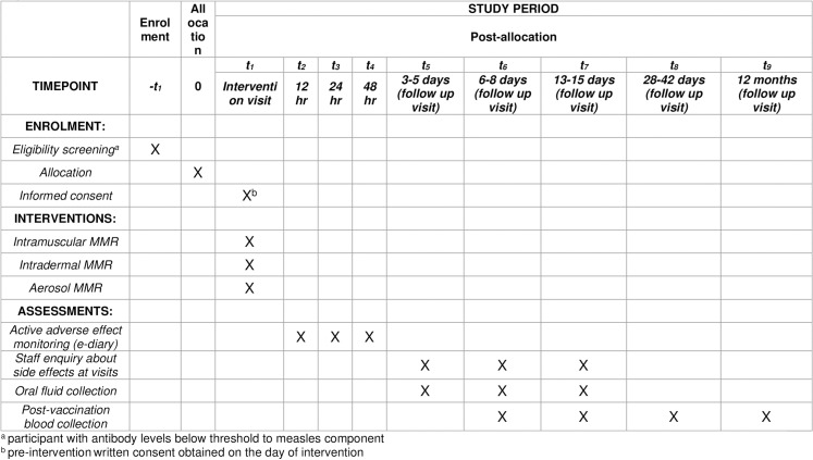 Immunogenicity and safety of measles-mumps-rubella vaccine delivered by the aerosol, intradermal and intramuscular routes in previously vaccinated young adults: a randomized controlled trial protocol.