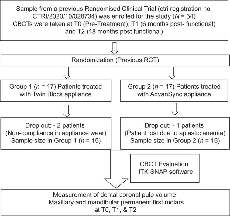 Volumetric pulpal changes in permanent first molars following AdvanSyncTM and Twin Block functional appliance: A CBCT study.