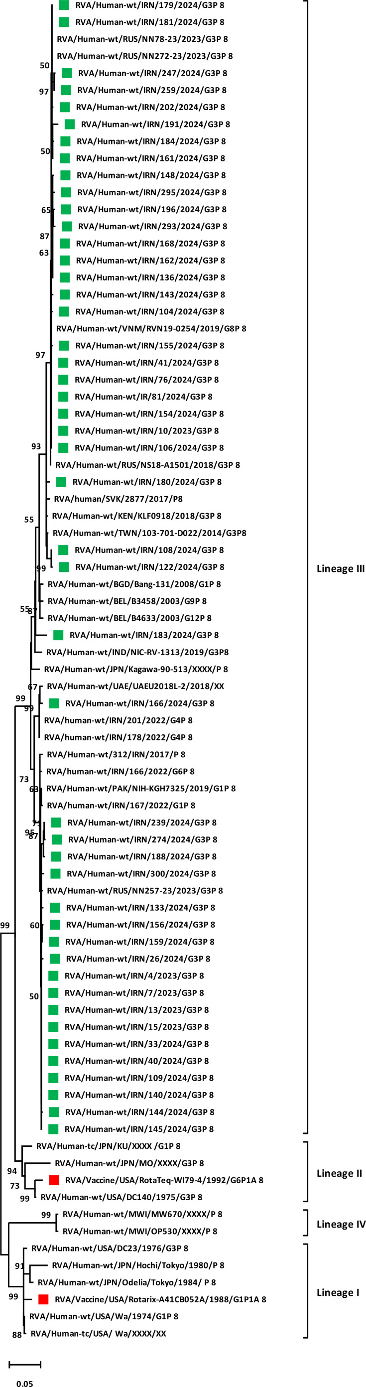 Genetic characterization of rotavirus A strains circulating in children under 5 years of age with acute gastroenteritis in Tehran, Iran, in 2023-2024: dissemination of the emerging equine-like G3P[8]-I2-E2 DS-1-like strains.
