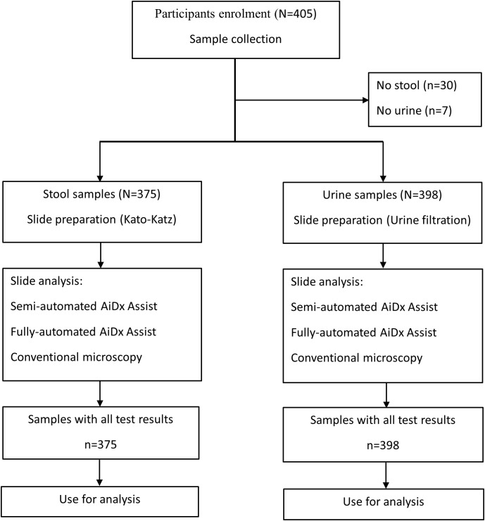 Evaluation of the AiDx Assist device for automated detection of <i>Schistosoma</i> eggs in stool and urine samples in Nigeria.