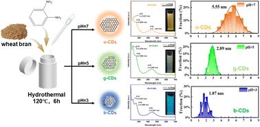 Preparation of multi-colored carbon dots via pH-controlled degradation of wheat bran/o-phenylenediamine for Fe3+ ion detection†