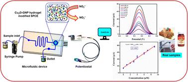 An electrochemical microfluidic sensor based on a Cu2O-GNP nanocomposite integrated hydrogel for nitrite detection in food samples†